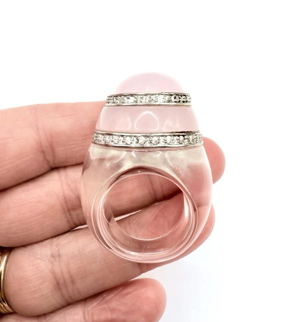 Enormous Rose Quartz White Sapphire Glass Statement Ring Sz 8 Vintage Jewelry