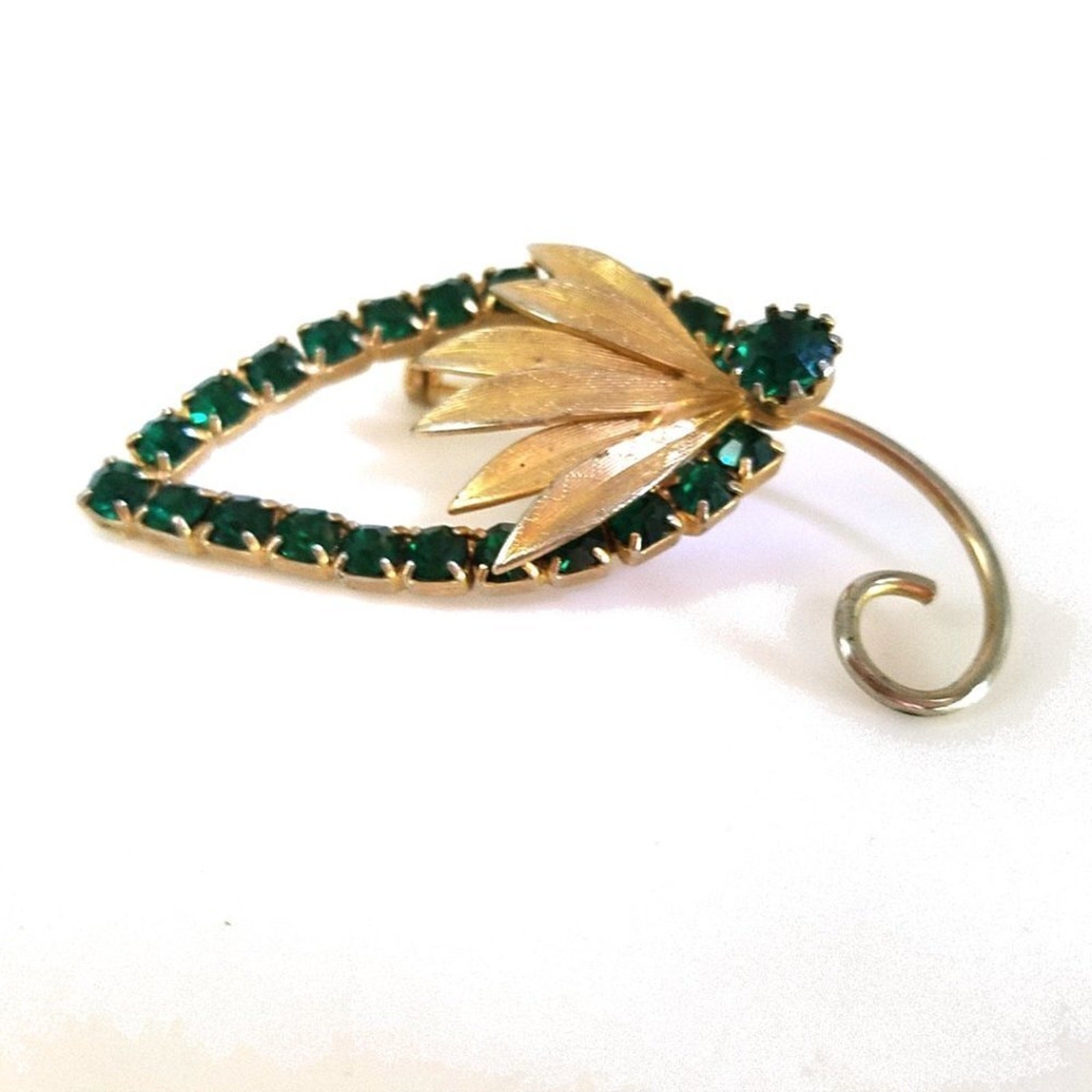 Vintage Green Rhinestone Floral Brooch, Mid-Century, 2 3/8 Inches