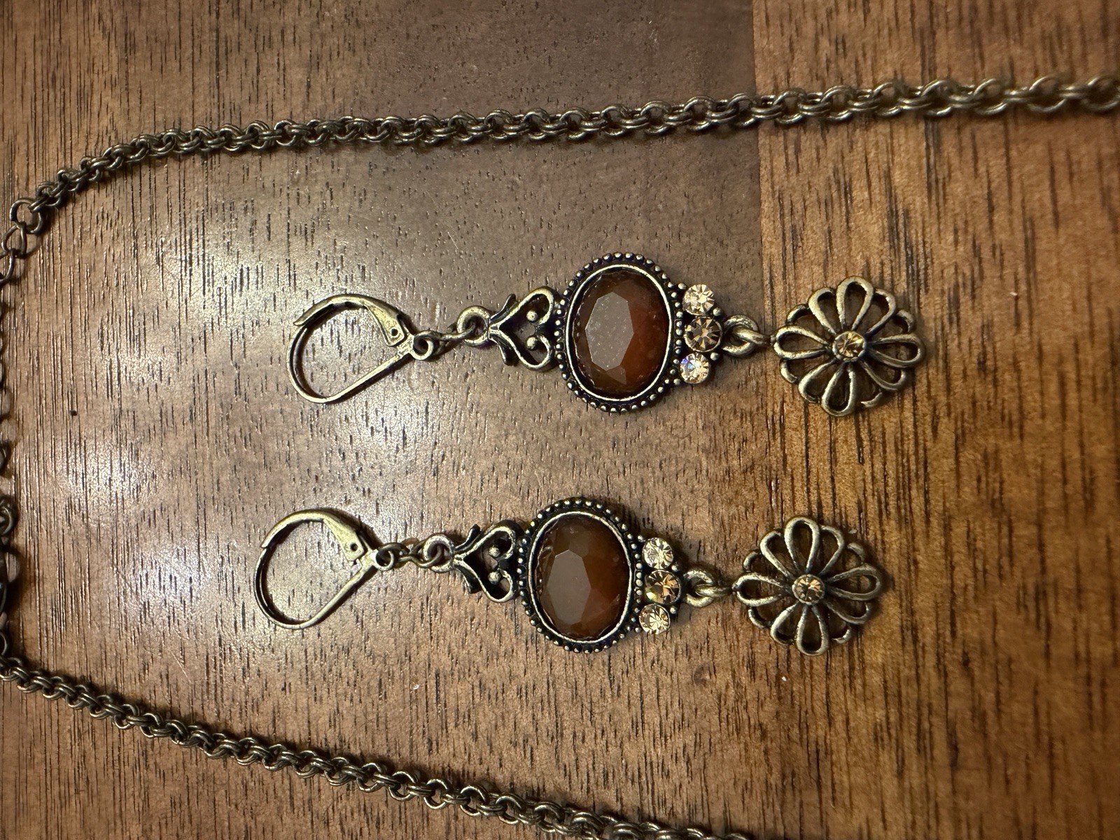 Lia Sophia “Toffee” Brown/Orange Resin, Crystals, Antique Gold Necklace-Earrings