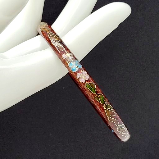 Cloisonné Deep Red Enamel Floral Hand Painted Asian Inspired Bangle Bracelet