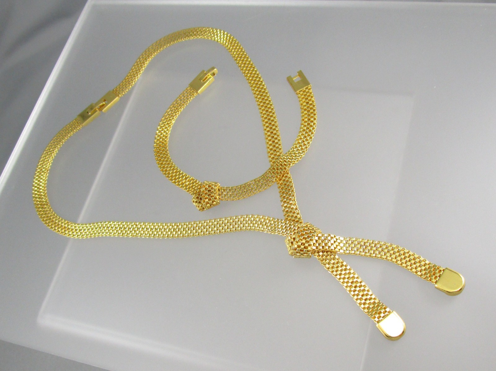 Vontage Gold Tone Metal Knotted Mesh link Chain SET Necklace & Bracelet 953
