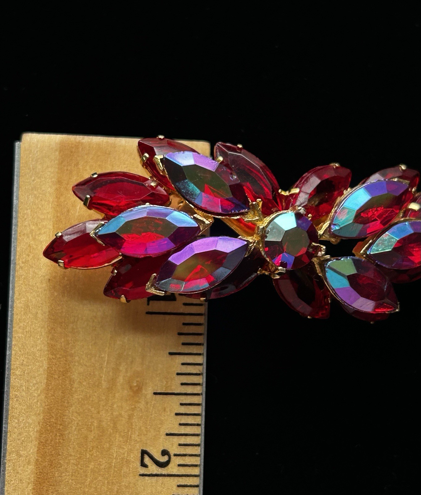 Vintage Red AB Marquise Rhinestone Gold Tone Cluster Brooch Pin 21g