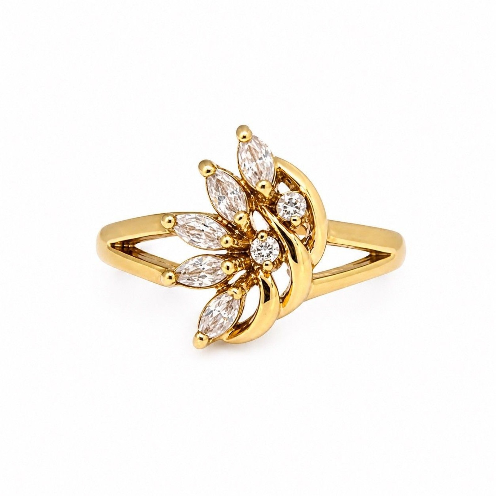 Vintage 1970s Ring Size 6 CZ Cluster Marquise Prong Set Gold Plated – 14I
