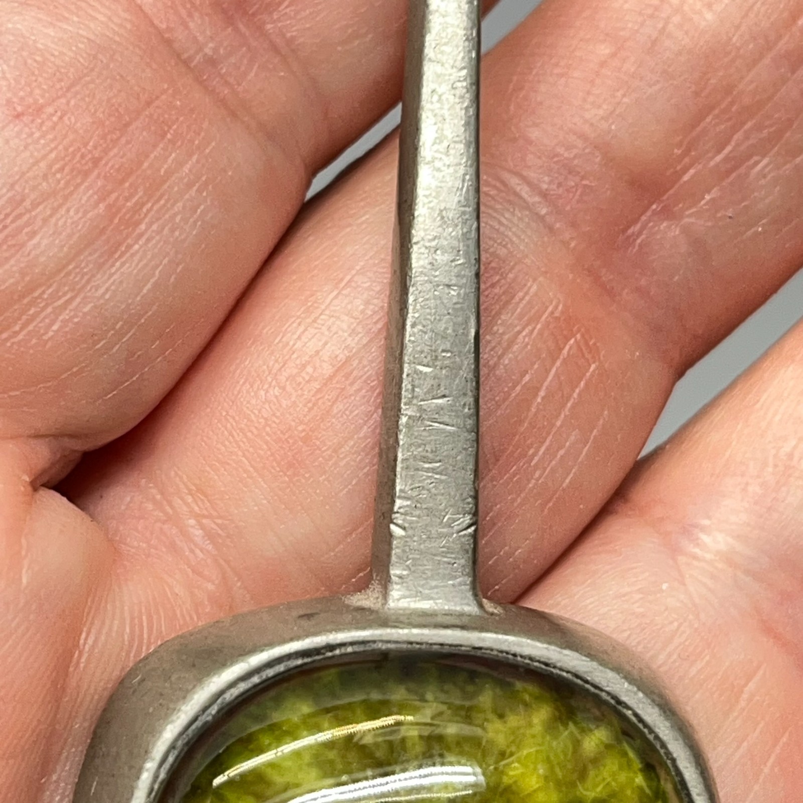 Signed Roland Landerholm Tenn Vintage Modernist MCM Pewter Green Ceramic Pendant