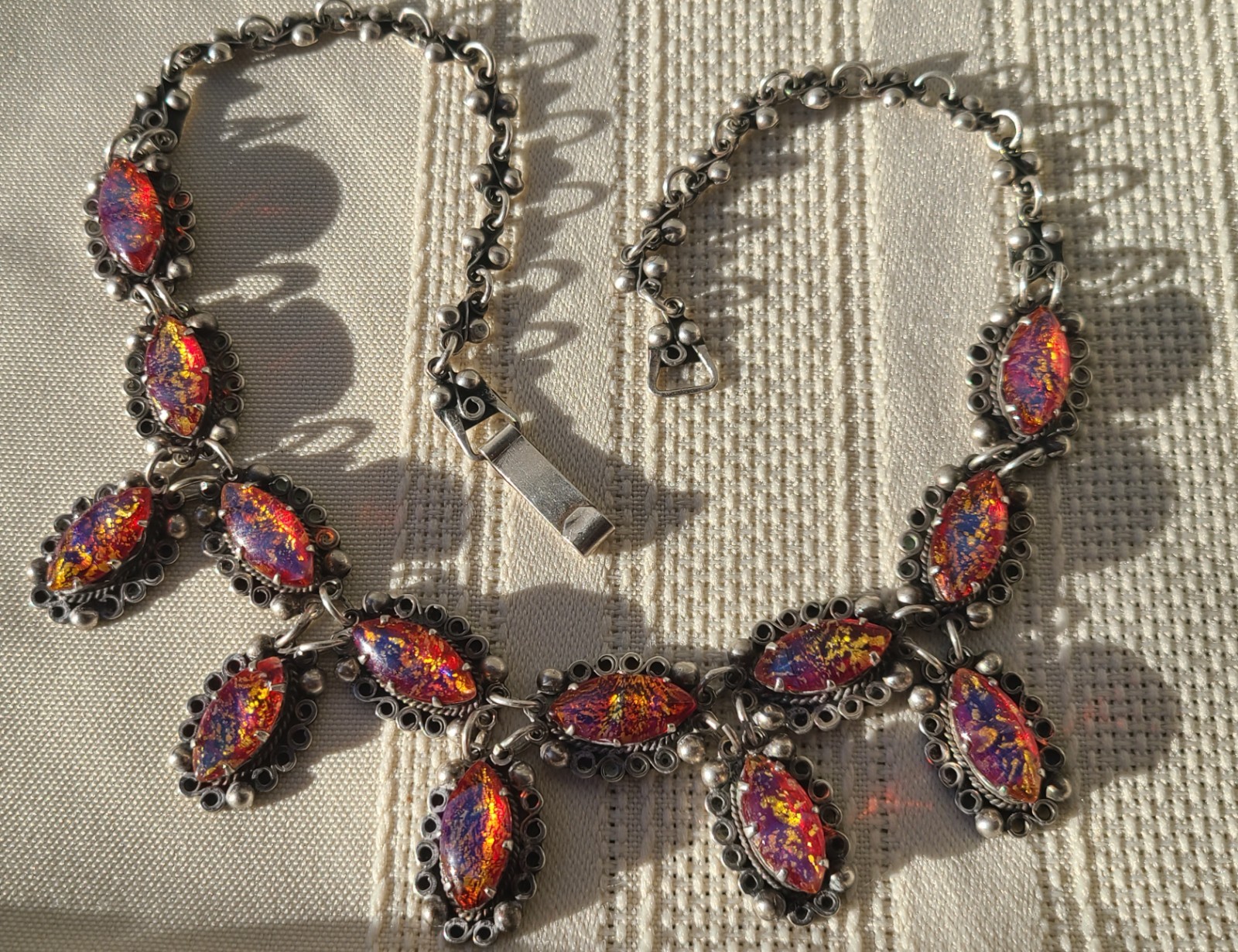 Vintage Sterling Silver Dragon’s Breath & Gold Foil Glass Jelly Opal Necklace