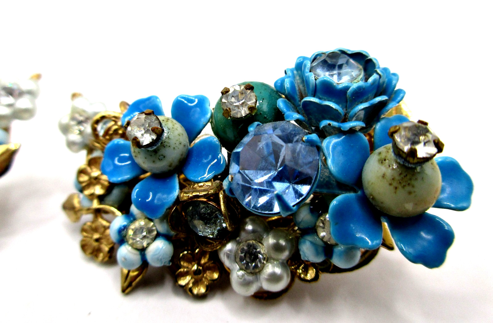 Vintage 50’s Blue Enamel Forget Me Not Pearl Rhinestone Earrings ROBERT DE MARIO