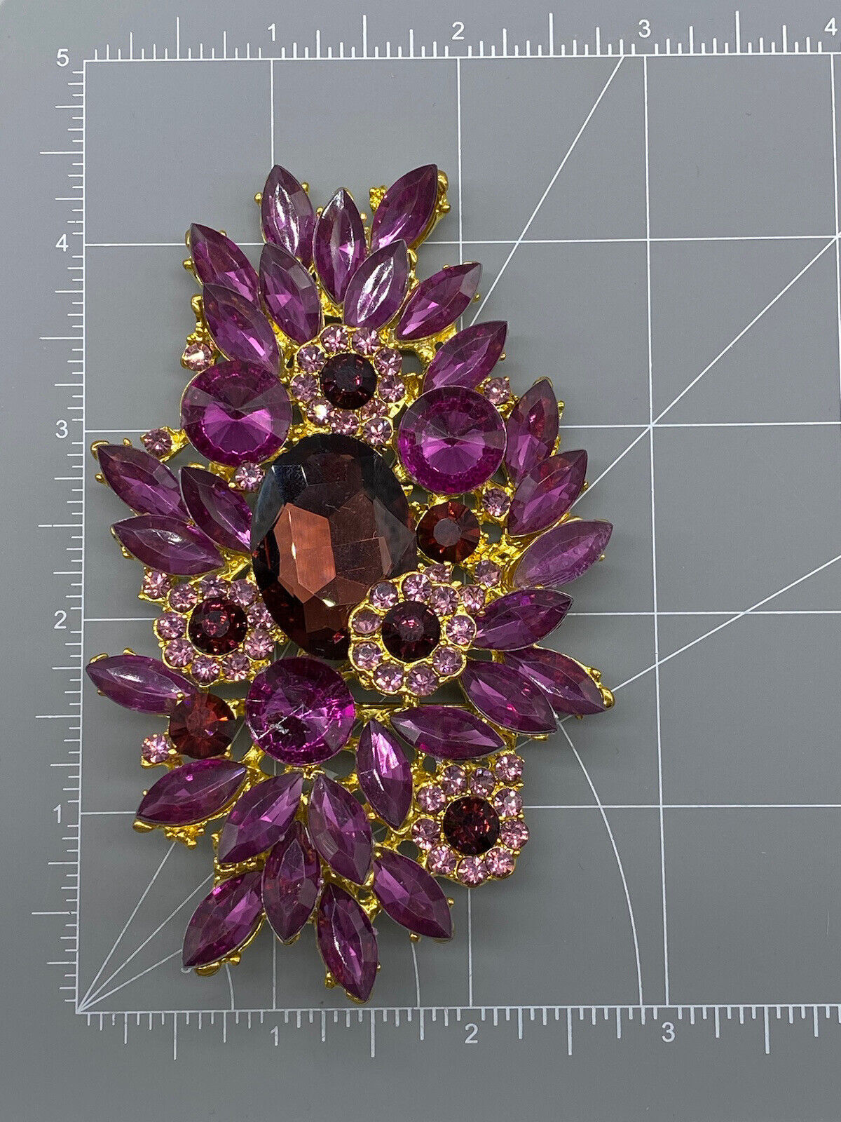 Gold Tone Purple Pink Fuchsia Red Big Rhinestone Large Flower Floral Pin Brooch