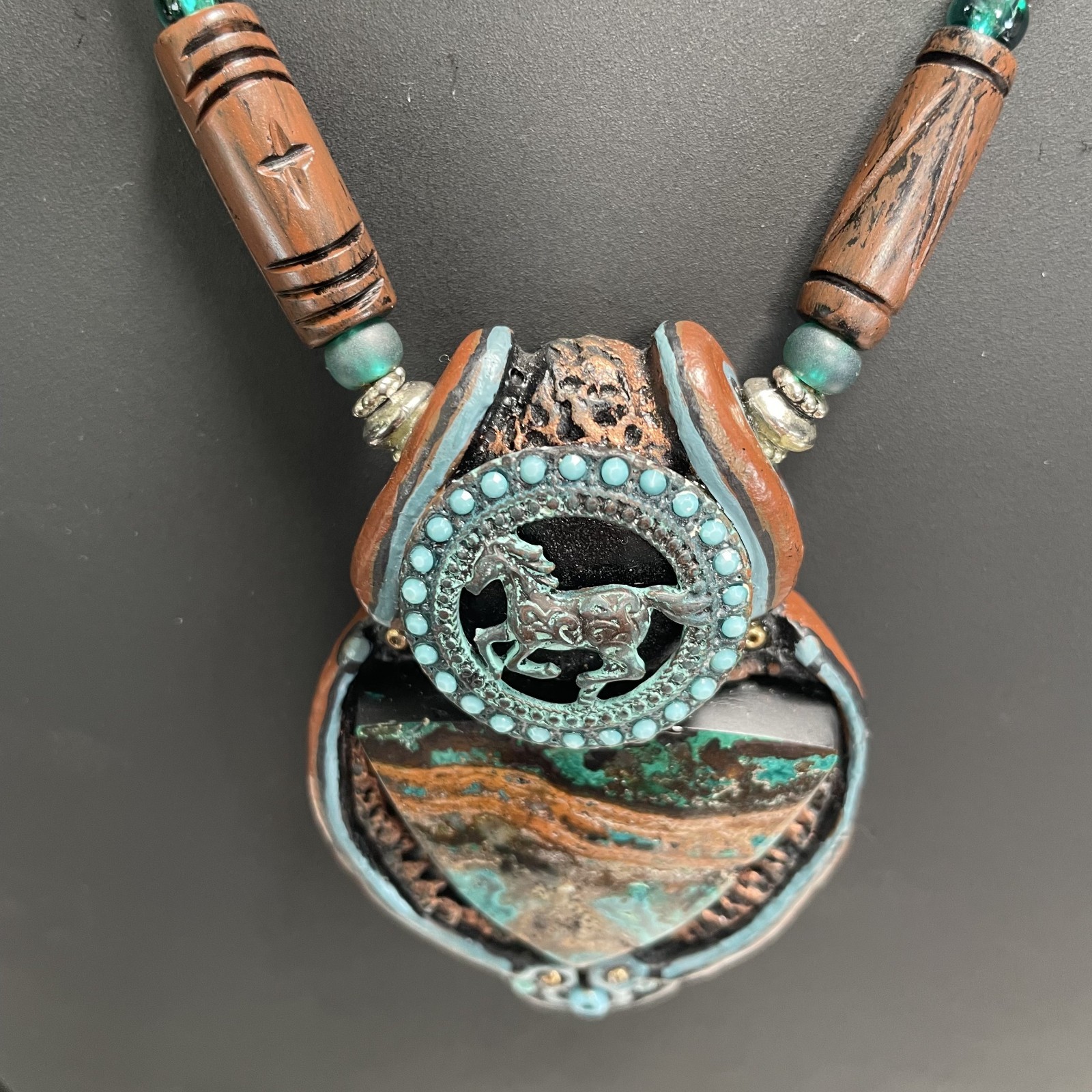 Boho Artisan Triangle Royston Turquoise w/Running Horse Turquoise beads Necklace