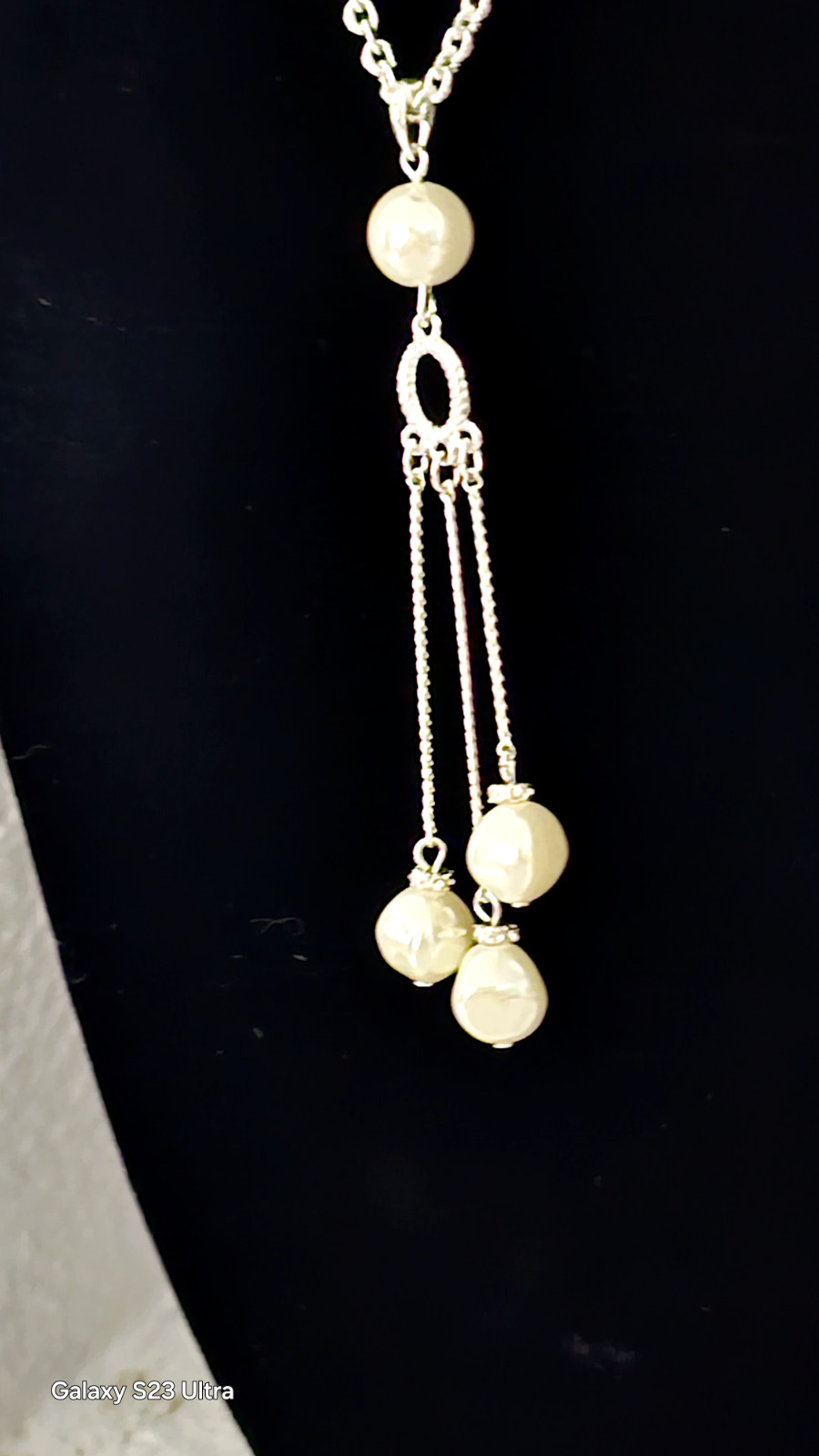 SAQ BAROQUE white pearl chain necklace silver tone 13″ with pendent