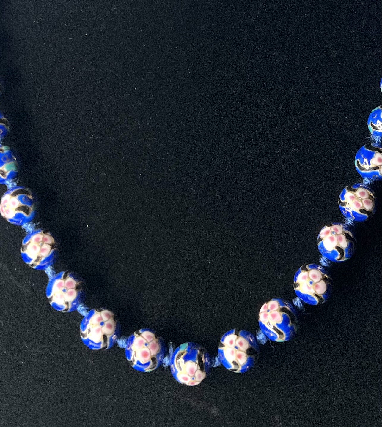 CLOISONNÉ Enamel Bead Necklace Blue Cherry Blossom Gold VTG Hand Knot 12mm 25”L