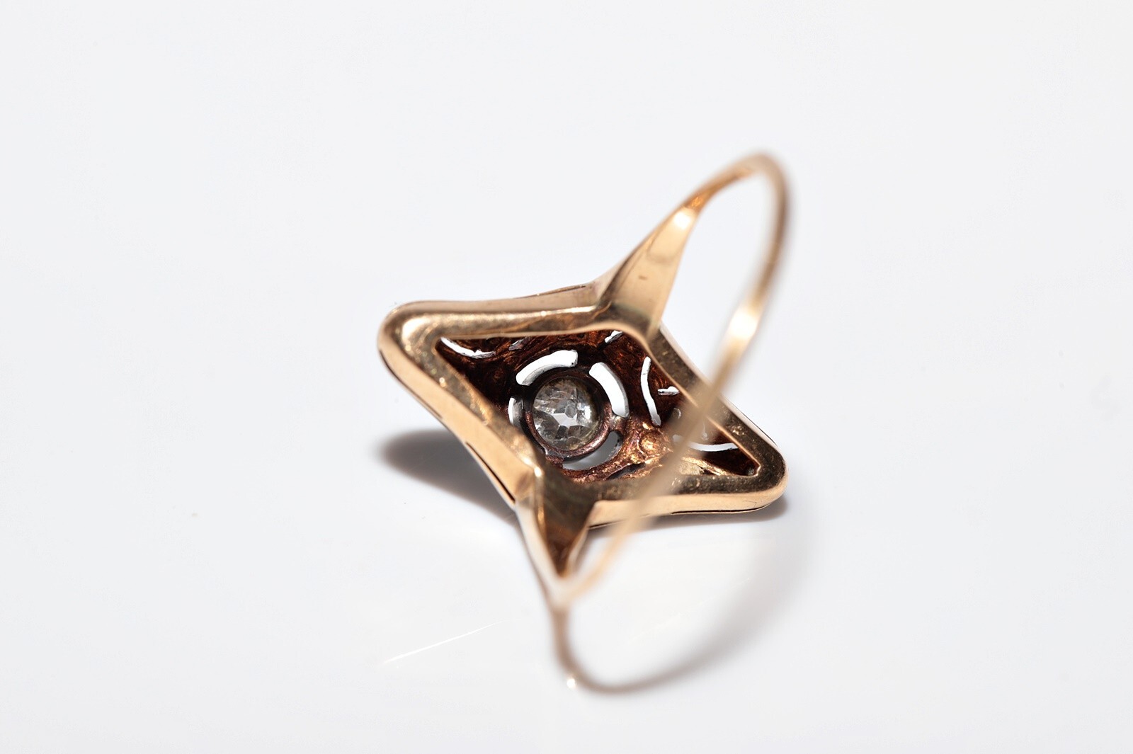 Antique Circa 1920s Art Deco 18k Gold Top Silver Natural Diamond Navette Ring