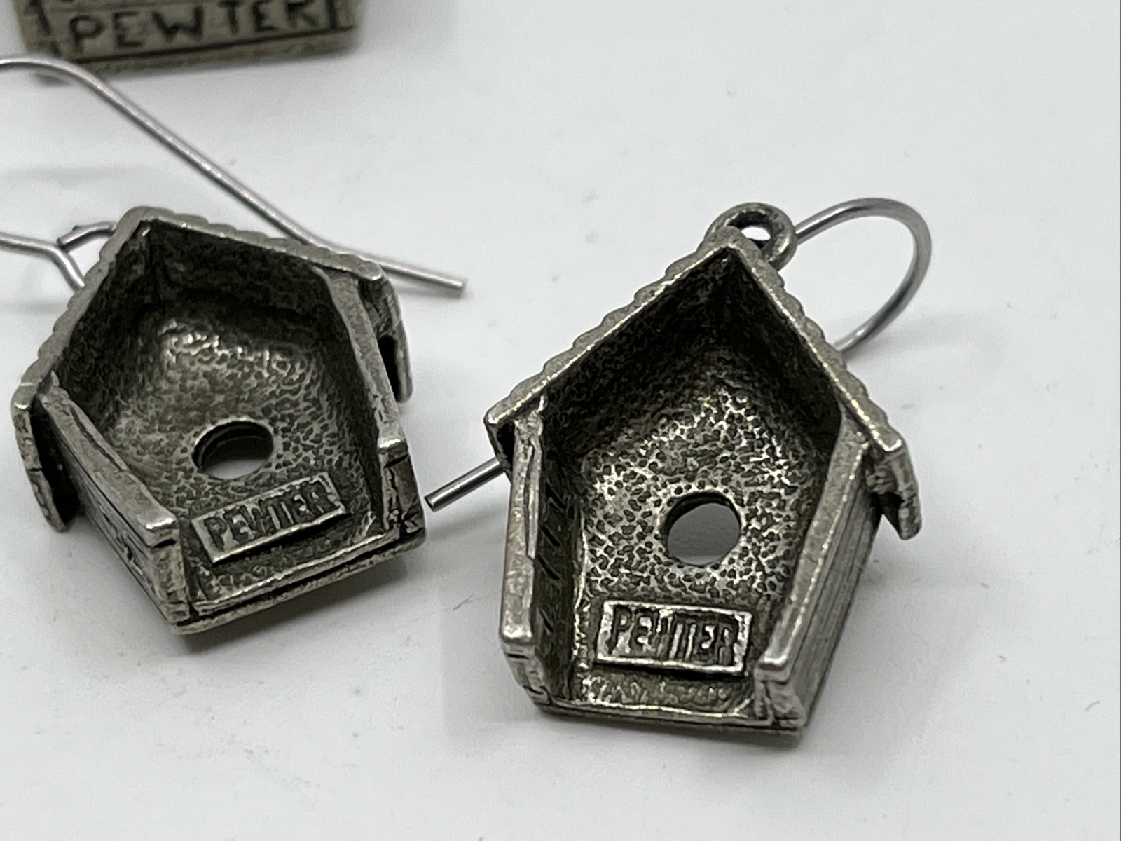 Vintage Estate Jim Clift Pewter Birdhouse Pendant & Pierced Earrings Set