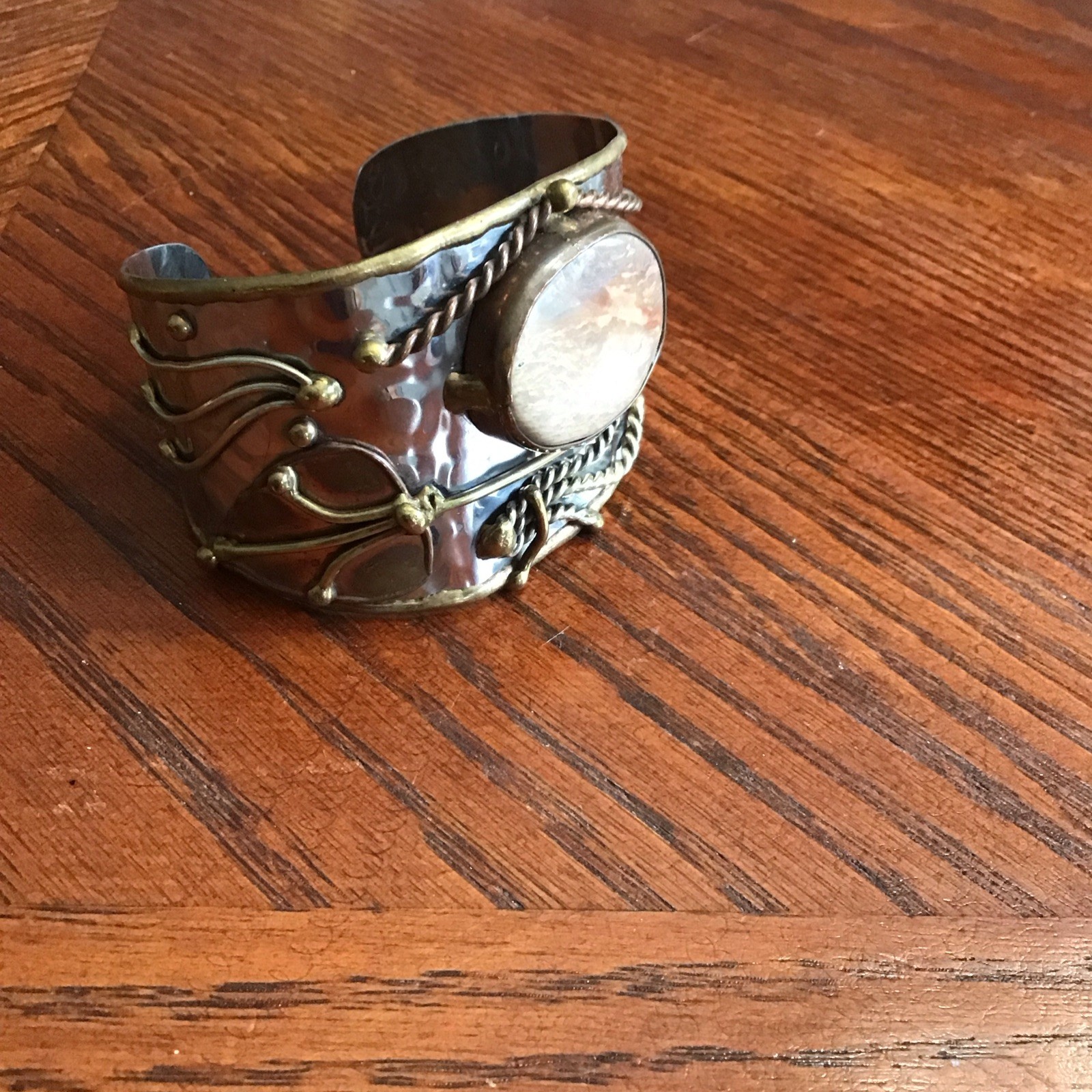 One Of A Kind Modernist Brutalist Mixed Metal W/Agate Cuff Bracelet