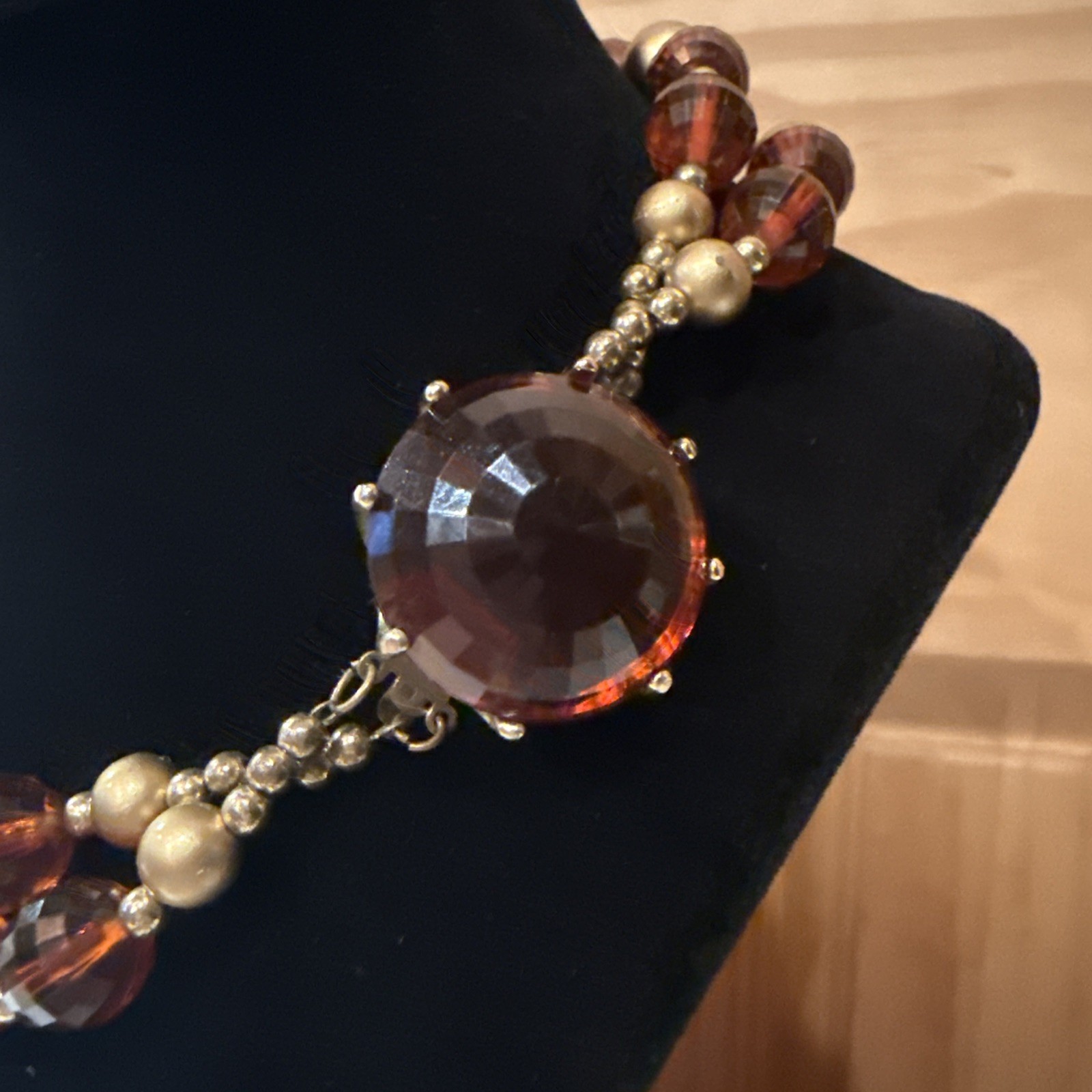 VTG Lucite Beaded Two Strand Necklace Two Tone Honey Amber Gold Faceted 16”