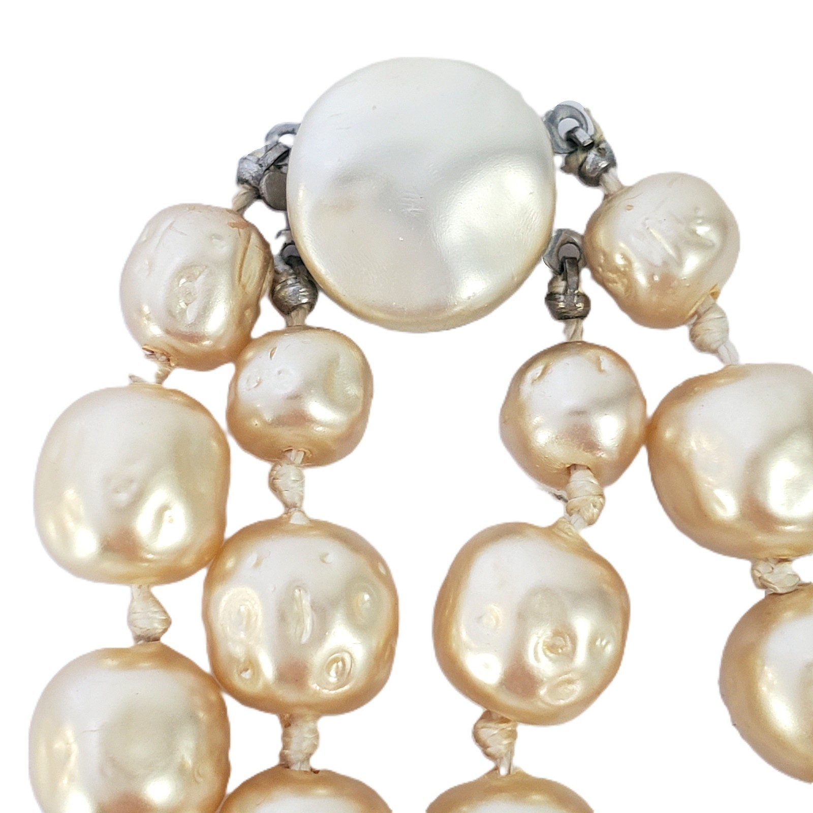 RICHELIEU Double Strand Necklace Faux BAROQUE PEARL Vintage Hand Knotted 16″