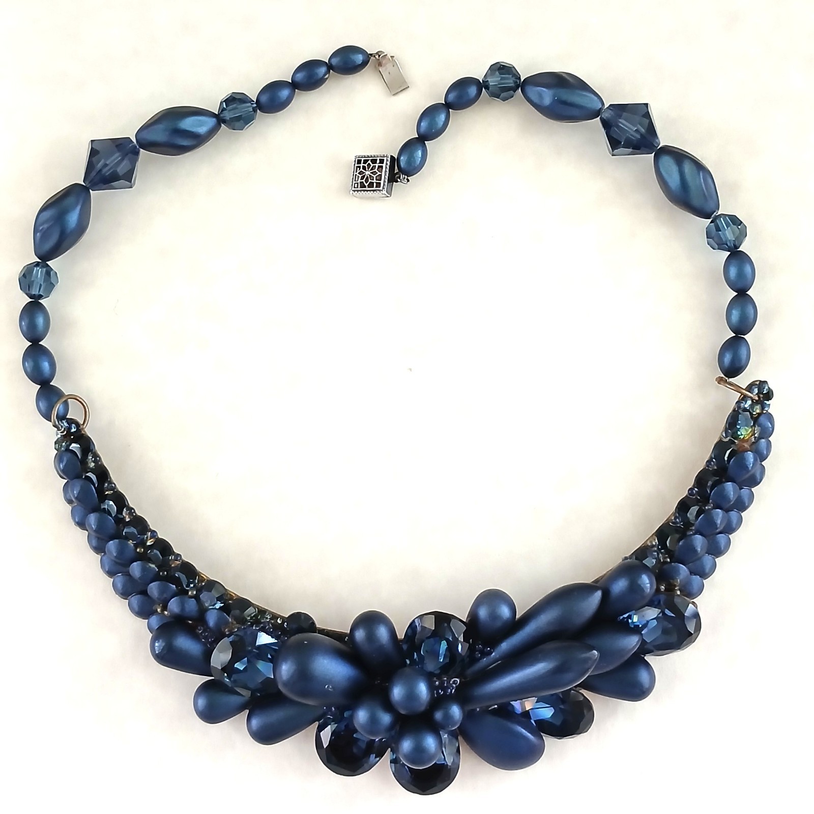 Vintage Blue Glass, Acrylic & Iridescent Floral Motif Necklace Sterling Clasp