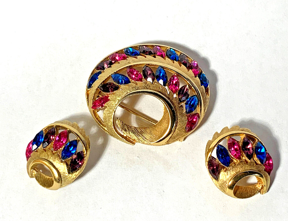 Pink Purple Blue Rhinestone Pin and Earring Set JJ Jonette Jewelry Spring Easter