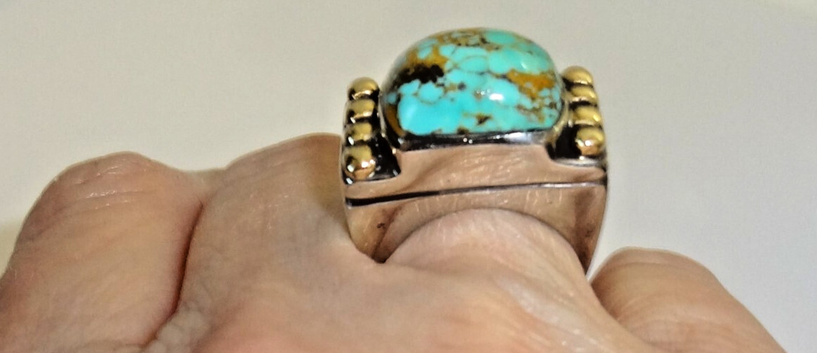 DIAN MALOUF 14K Yellow Gold Sterling Silver Turquoise Ring Size 5.25