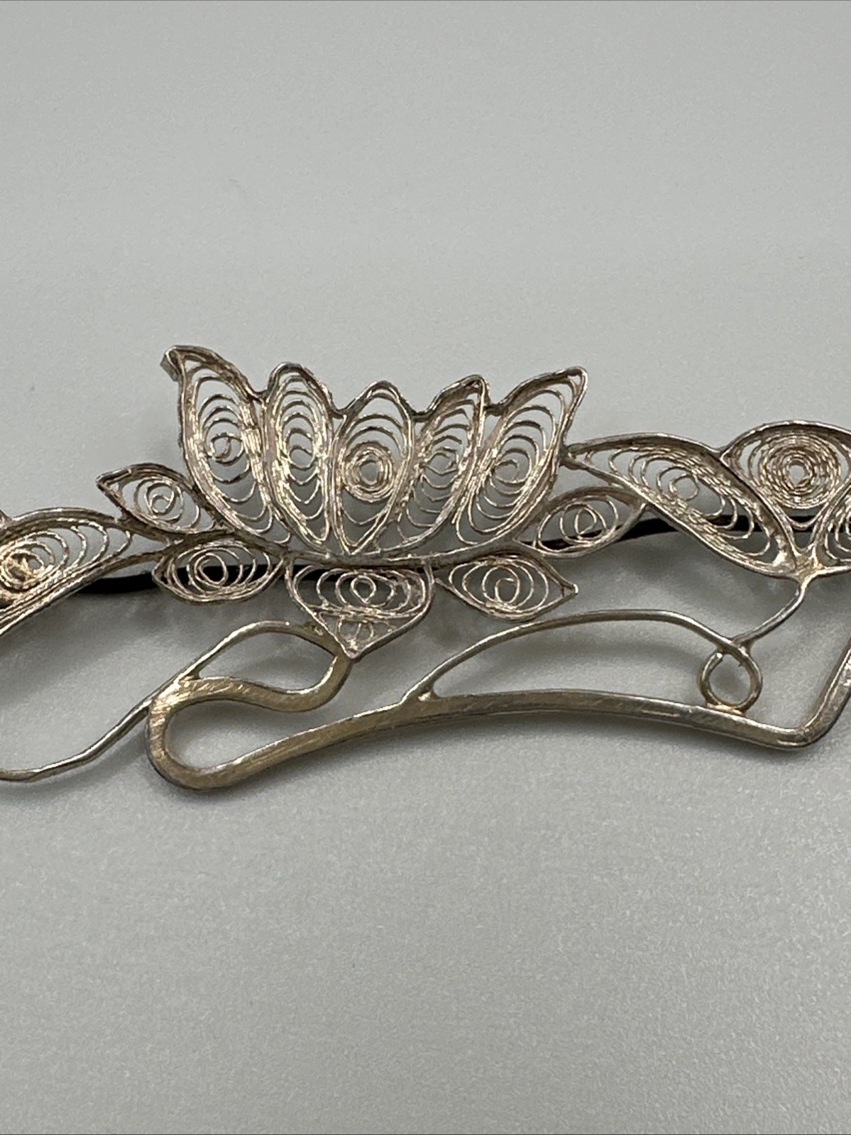 Hand Made EUROPEAN Filigree Brooch 4 in. Silver Lotus Floral