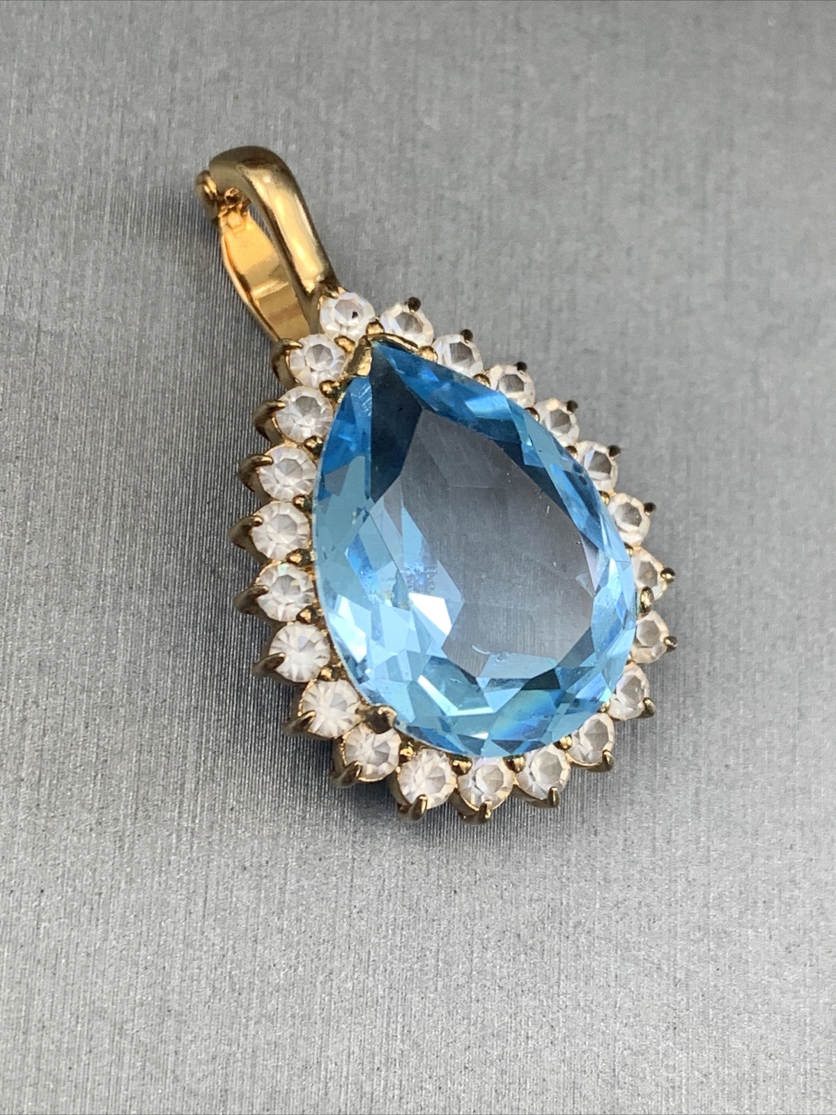 Vintage Quality large Faux blue topaz Clear stone Necklace Enhancer 1”