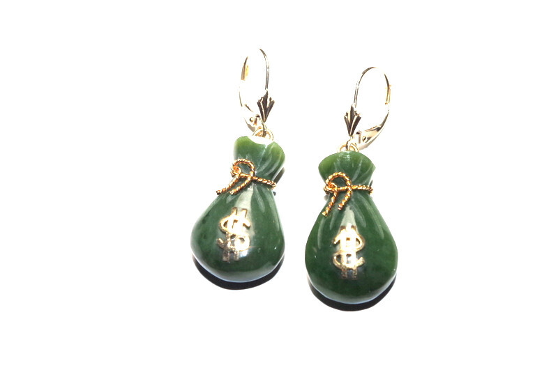14K Exquisite Carved Jade bag of money Lucky Stone Lever back Earrings