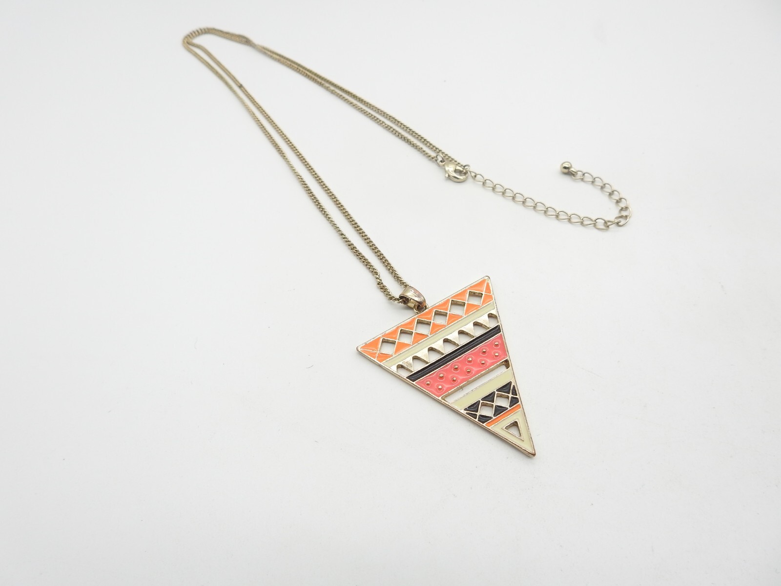 Orange Pink Black Cream Enamel Gold Tone Triangle Pendant Chain Necklace Vintage