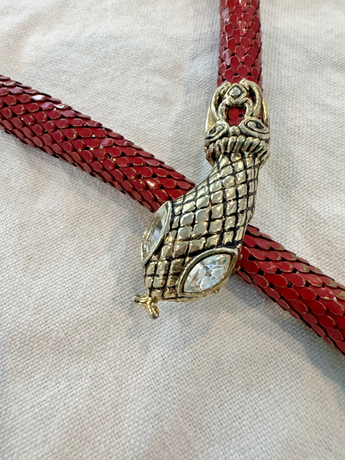 DL Auld Gold Red Mesh Snake Choker Necklace Rhinestone Vintage