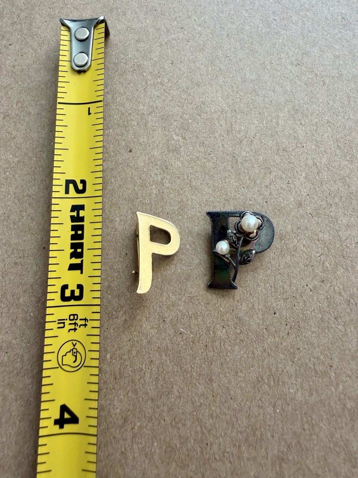 Vintage Letter P Brooch Set Gold Tone & Silver Pearl Minimalist Initial Jewelry
