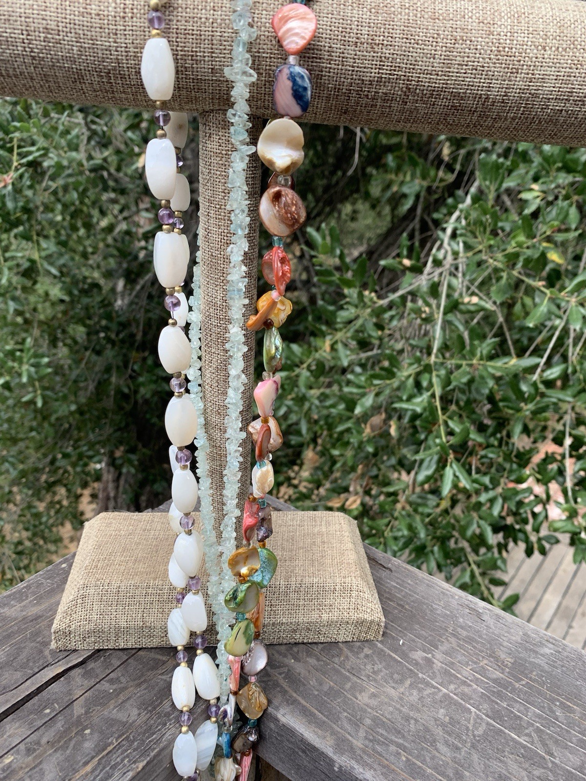 Vintage Necklace Lot-3 Mother of Pearl Green Chips & White Stones w-Purple Beads