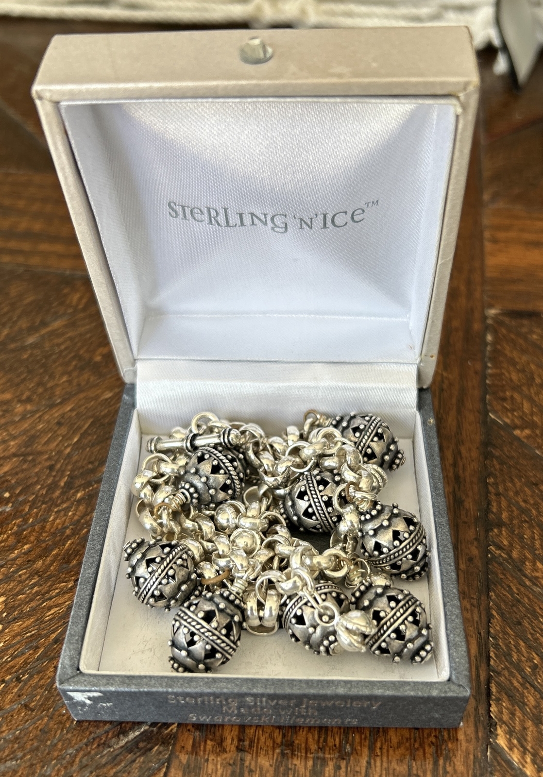 Sterling Silver Bali Filigree Fob Charm Rolo Link Double Chain Bracelet