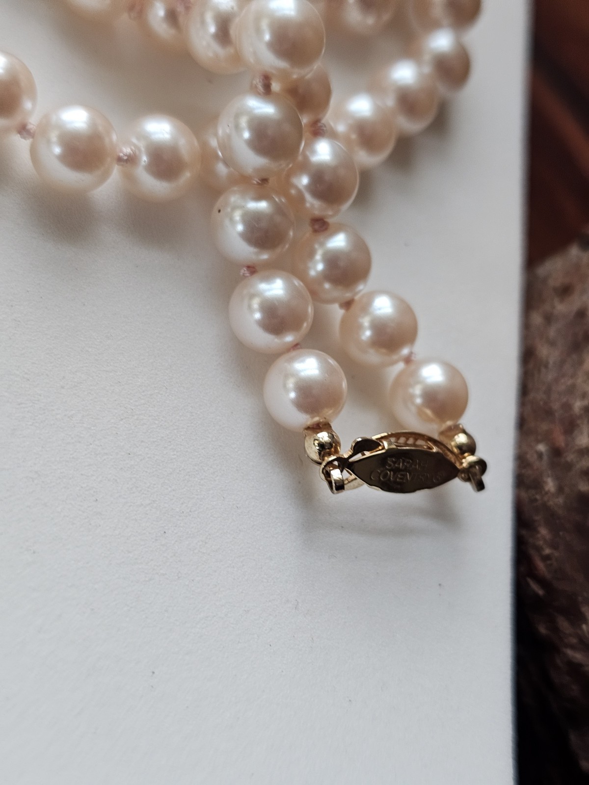 Vtg Sarah Cov Signed Knotted Faux Pearl Pink Necklace Fish Hook Clasp 8mm 22″