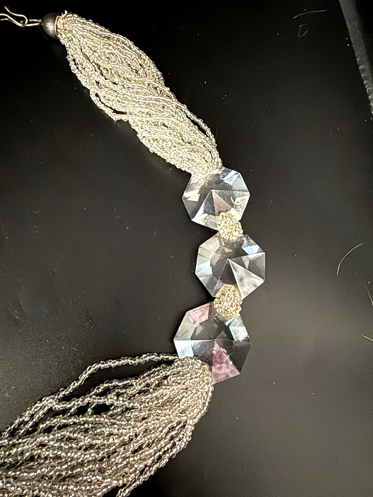 Vintage 25 Strand Silver Tone Clear Seed Bead & Faceted Crystal Necklace