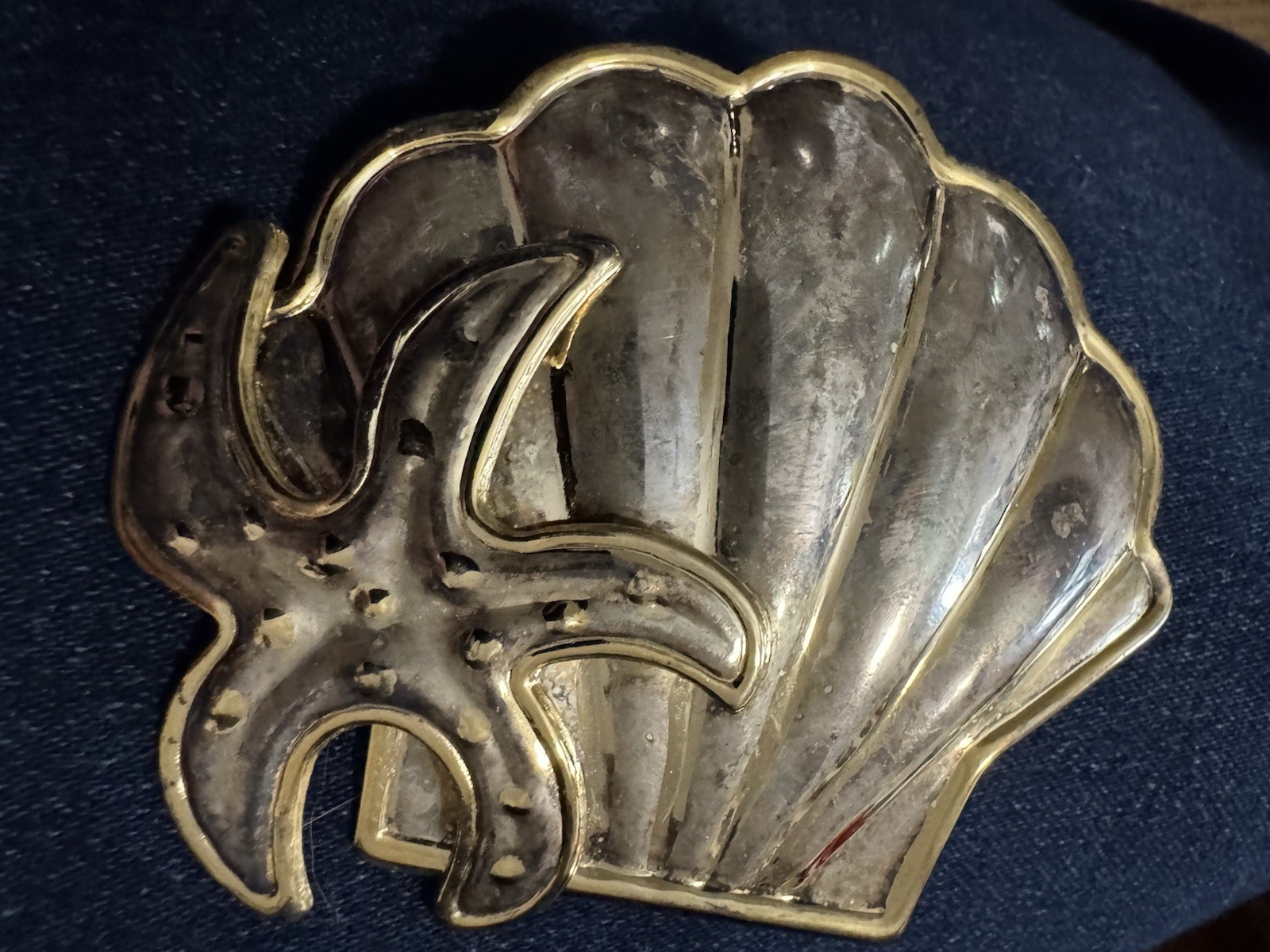 Mixed Metal Shell Brooch Collar Pin Pendant Starfish Large 3.25″ Vintage