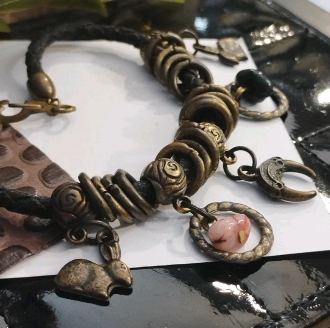 Boho Vibes! Rabbits, Real Stones, Bronzy Toned Leather Cord Charms Bracelet!