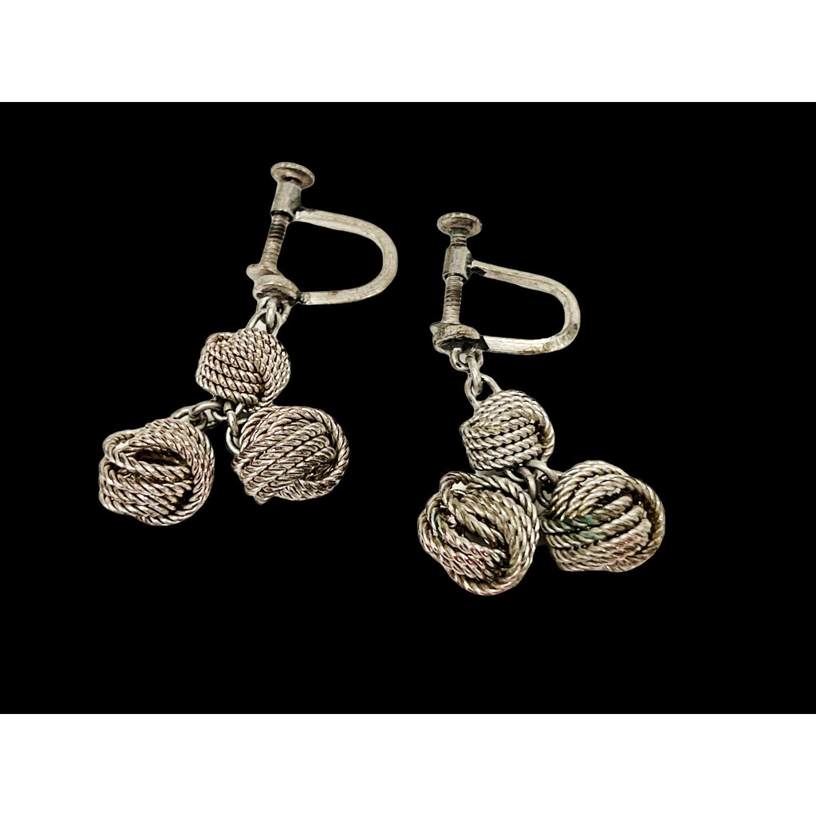 Vintage Silver Tone Triple Love Knot Dangle Earrings Screw Back
