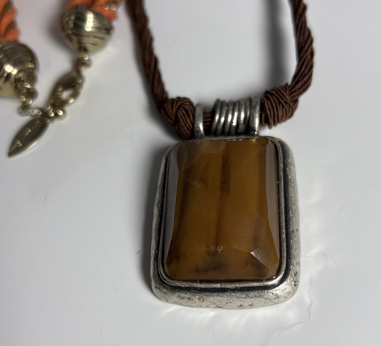 vintage coldwater creek Necklace With Large Brown Stone And Orange Gold Tone