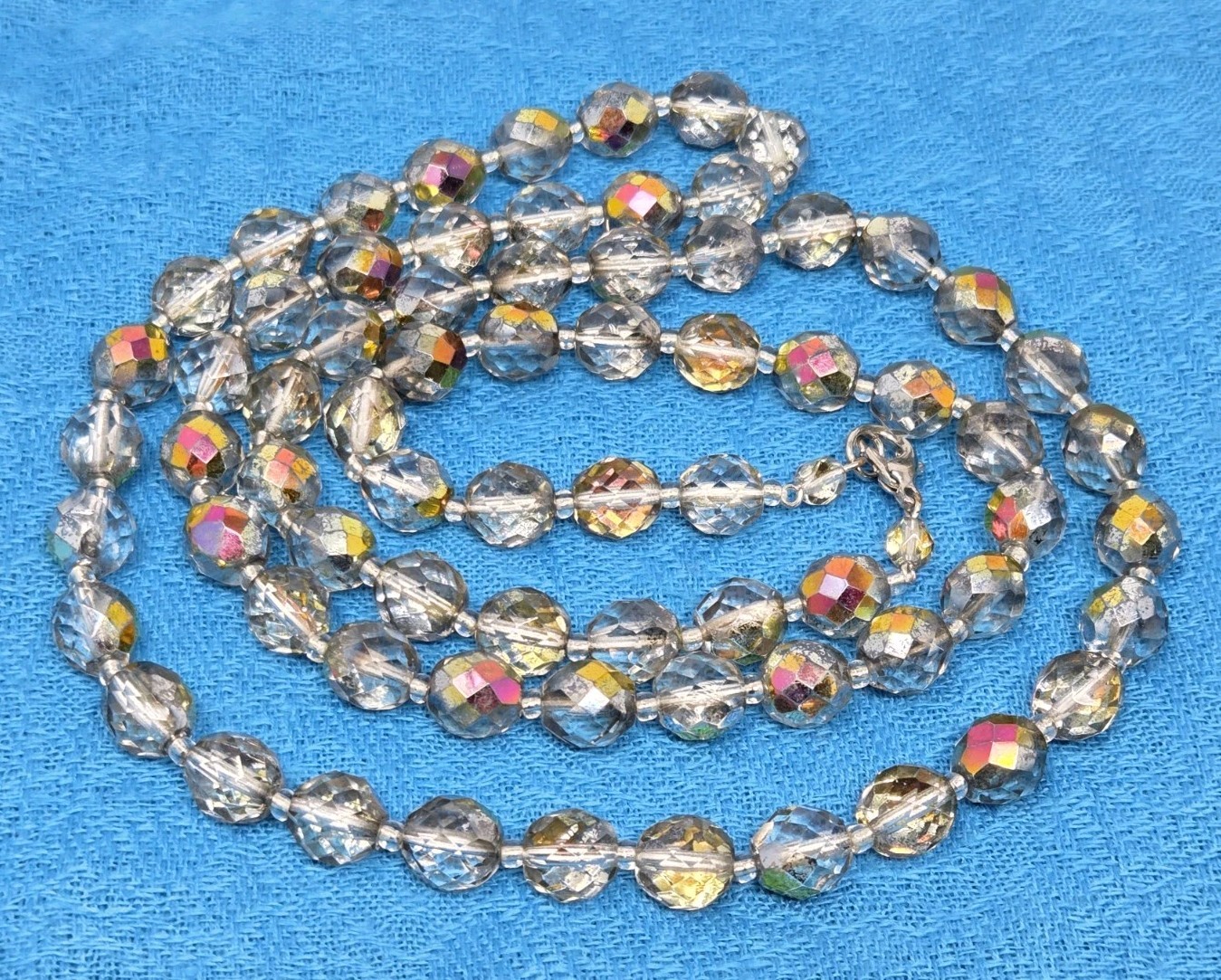 Mirrored AB Aurora Borealis Faceted Glass Necklace Vintage 36 Inches