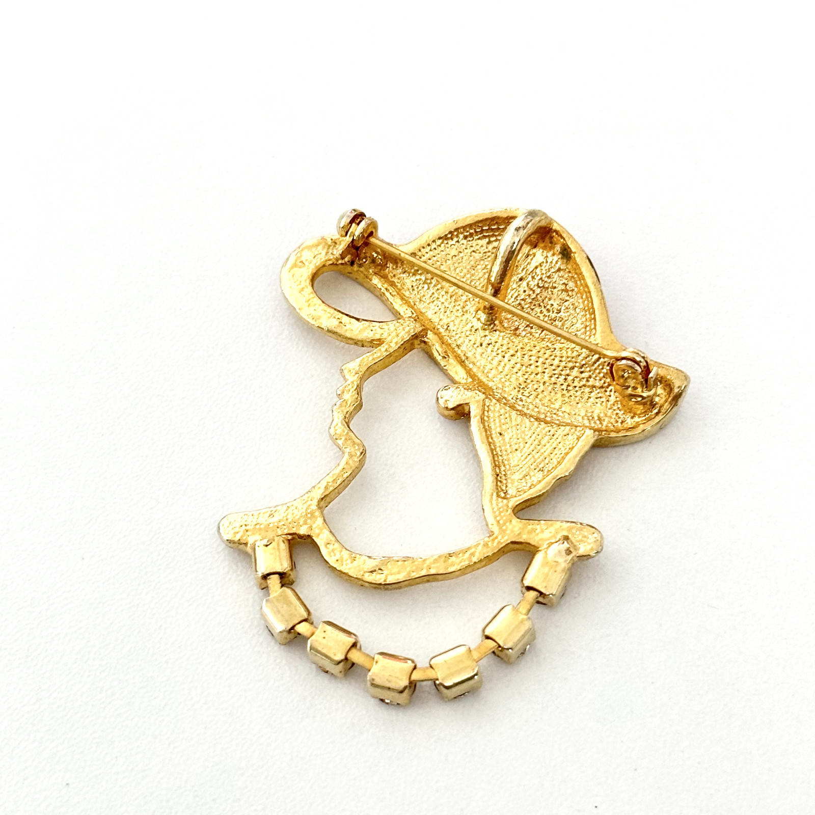 Vintage Gold Tone Lady Red Enamel Hat Bonnet Clear Purple Rhinestone Brooch Pin