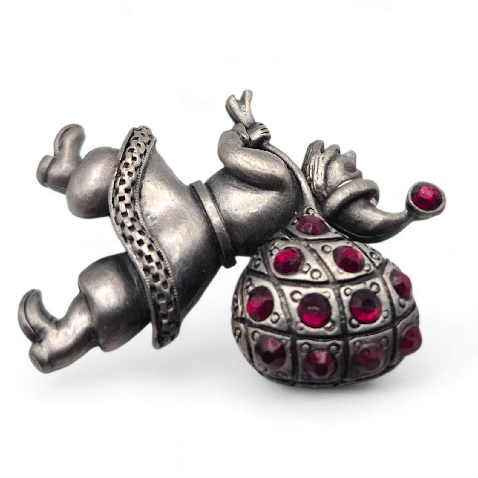Vintage 1940’s Elf w/ Lattice Sack Brooch Red Rhinestones Pewter Look Metal