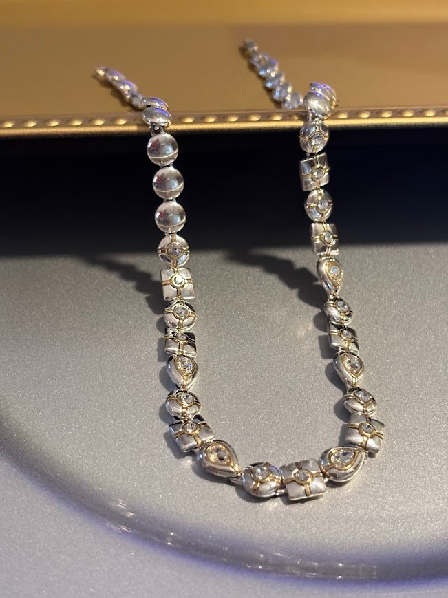 Vintage MONET Signed Two-Tone Silver/Gold Rhinestone Necklace 17″