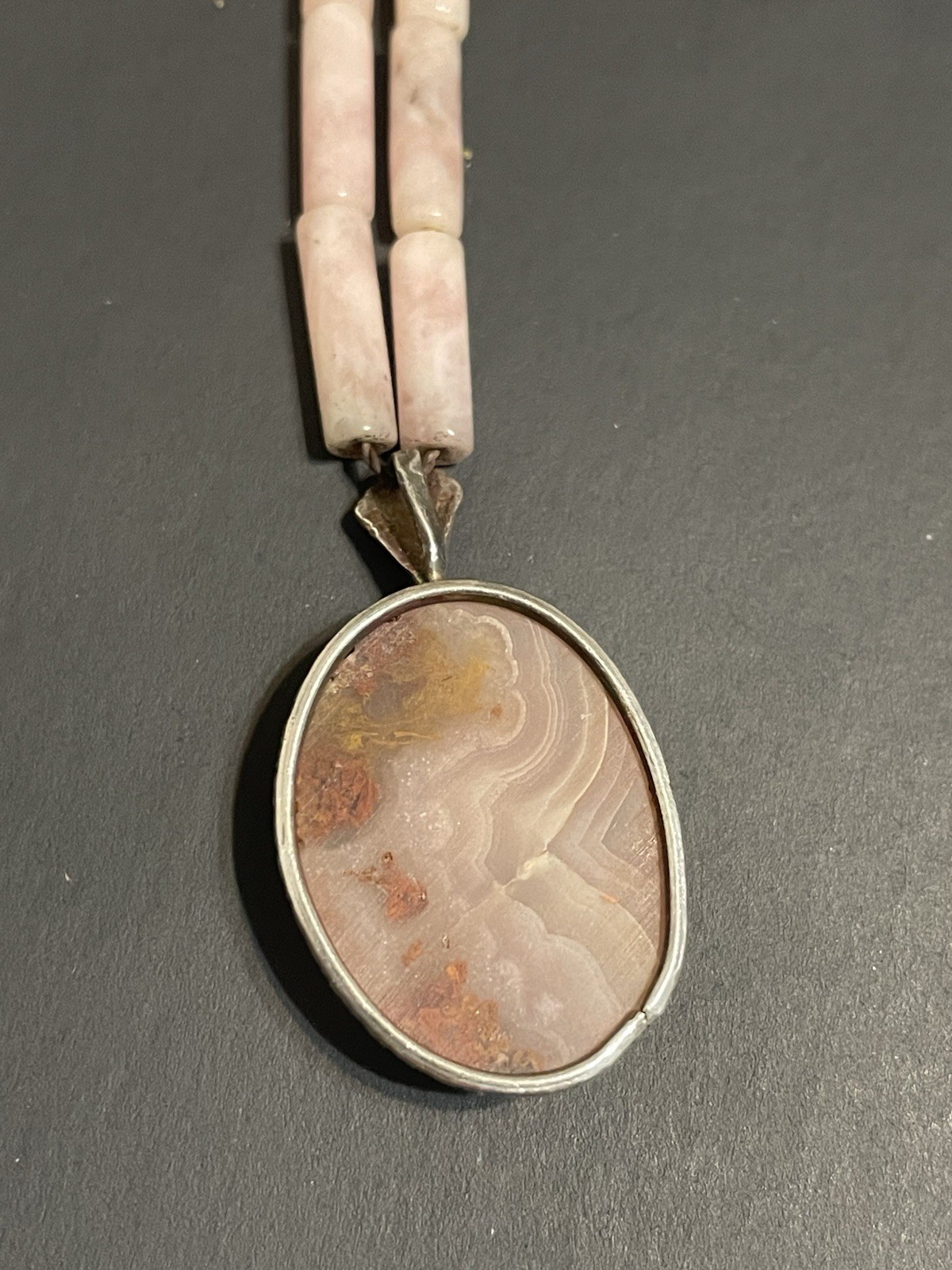 Vtg Rose Quartz Stone Necklace Pink Agate Pendant Sterling Silver Beaded