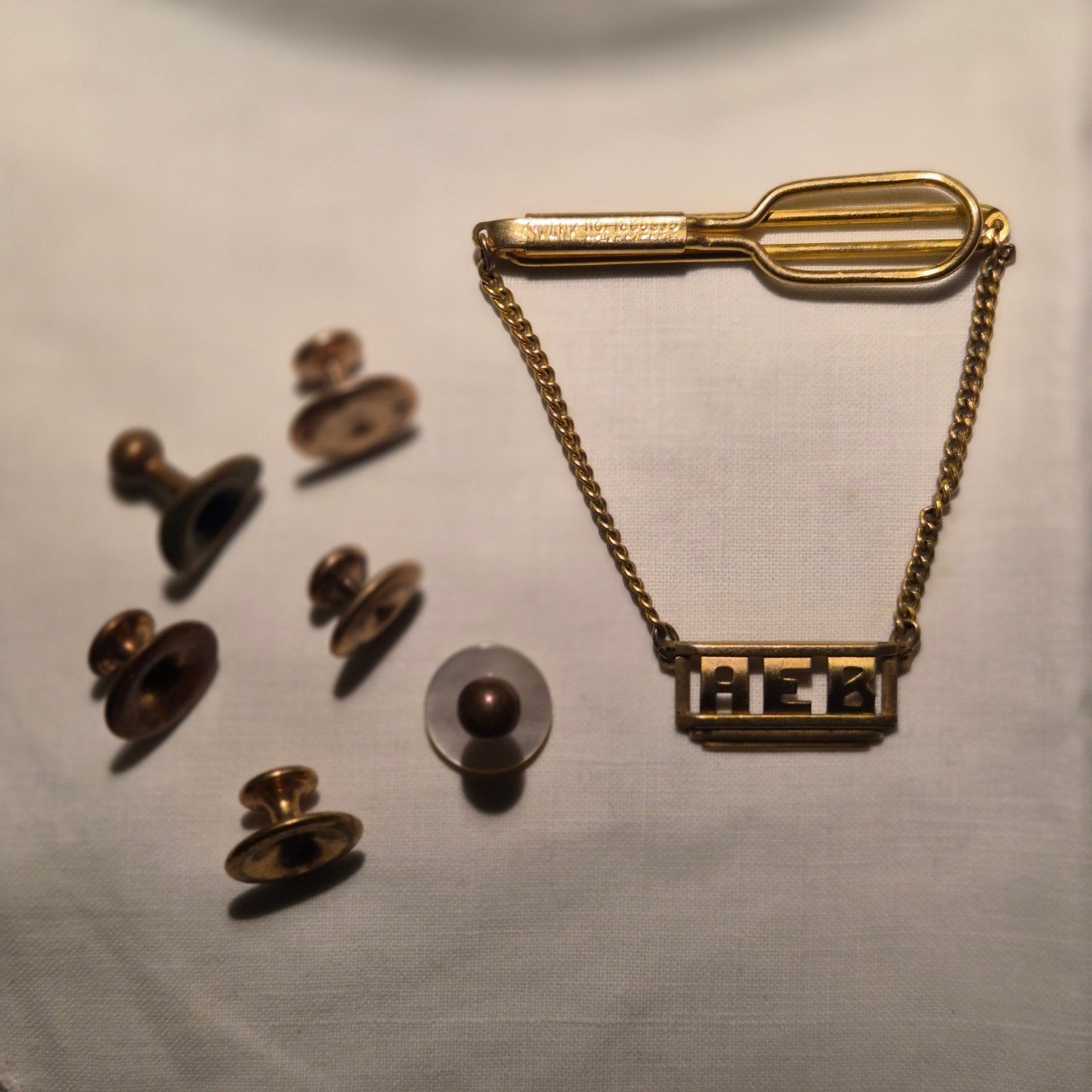 Vintage Swank Monogram Tie Chain & Milligan Collar Studs Gold Tone Lot