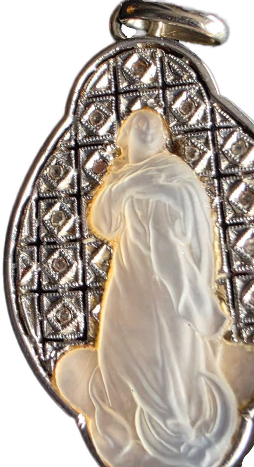 Antique 18k Gold Virgin Mary Medal – Real Diamonds & Mother of Pearl