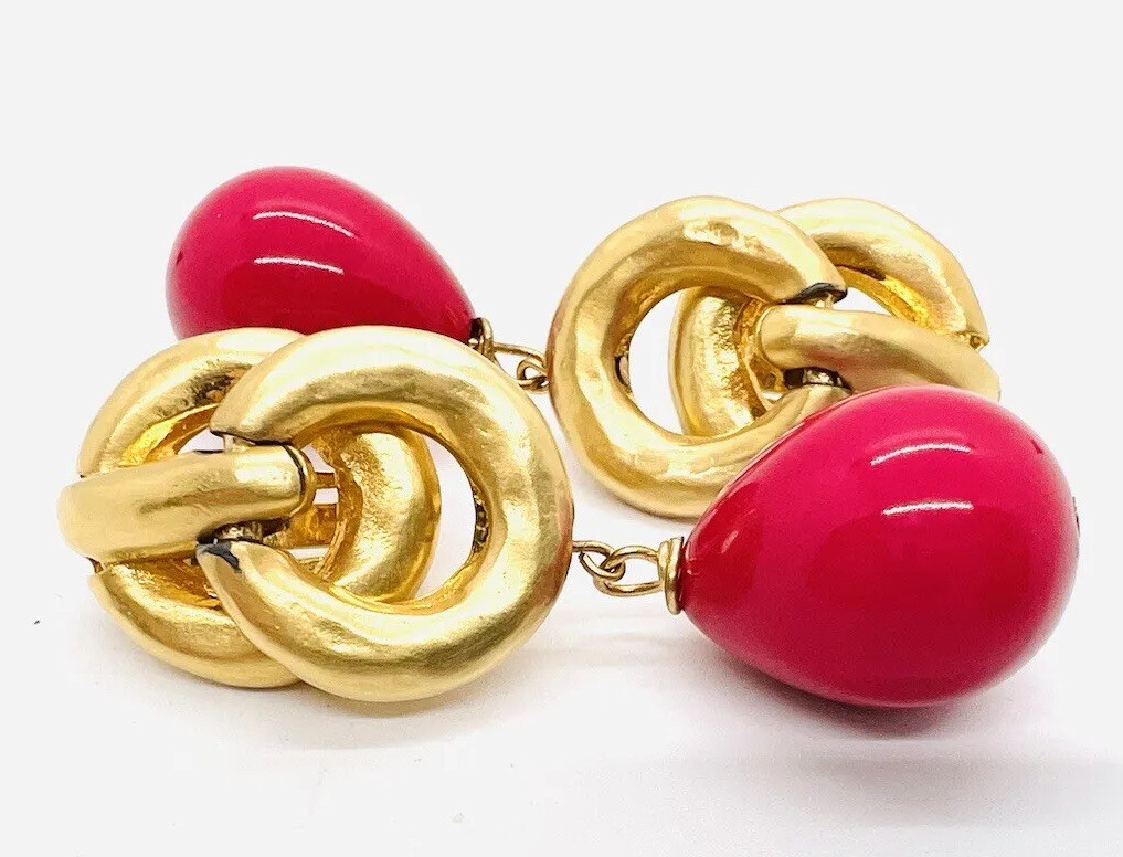 Large LES BERNARD Bright Pink Beaded Drop Dangle Earrings Signed Vintage Jewelry