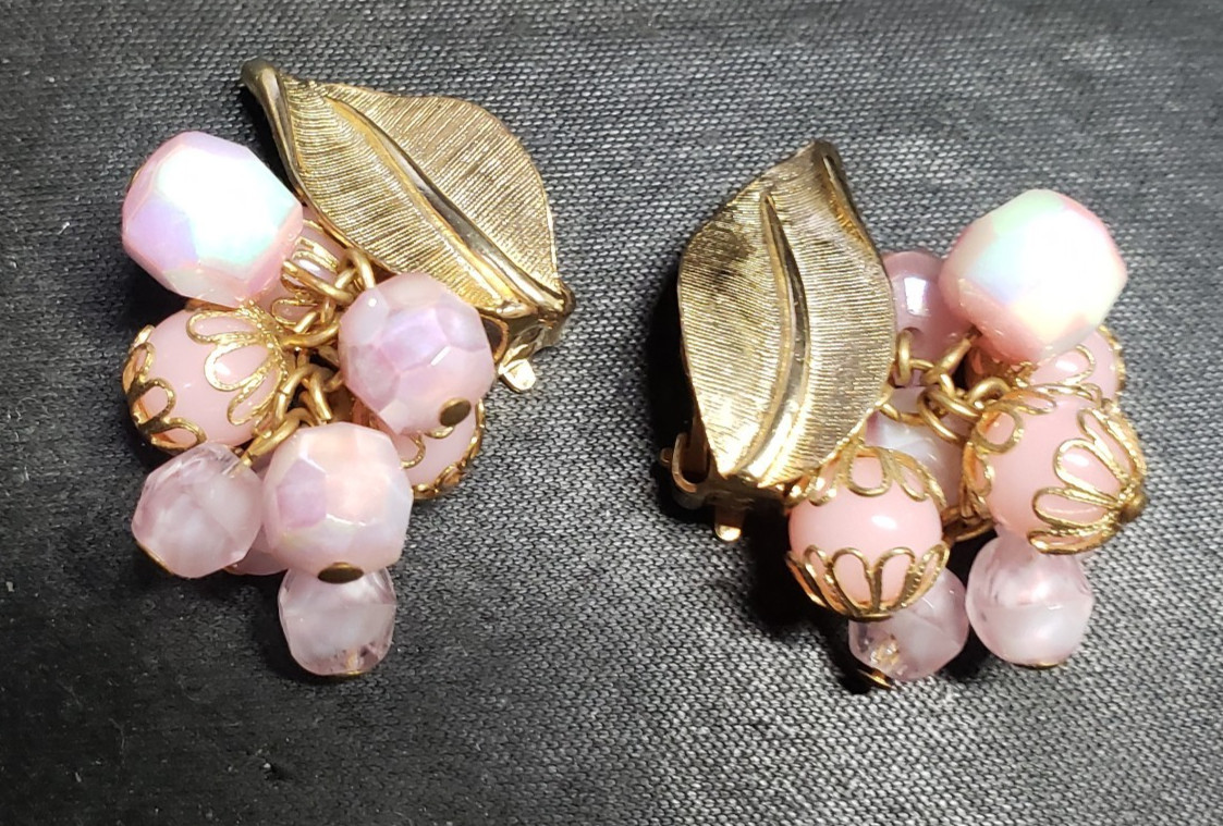 La Roco Pink Bead Rhinestone Necklace Earrings Jewelry Set Mid Century Modern