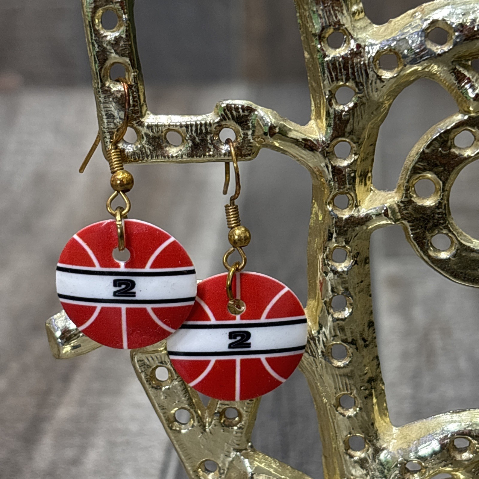 Vintage 925 Sterling Silver Basketball Dangle Earrings Red White Number 2