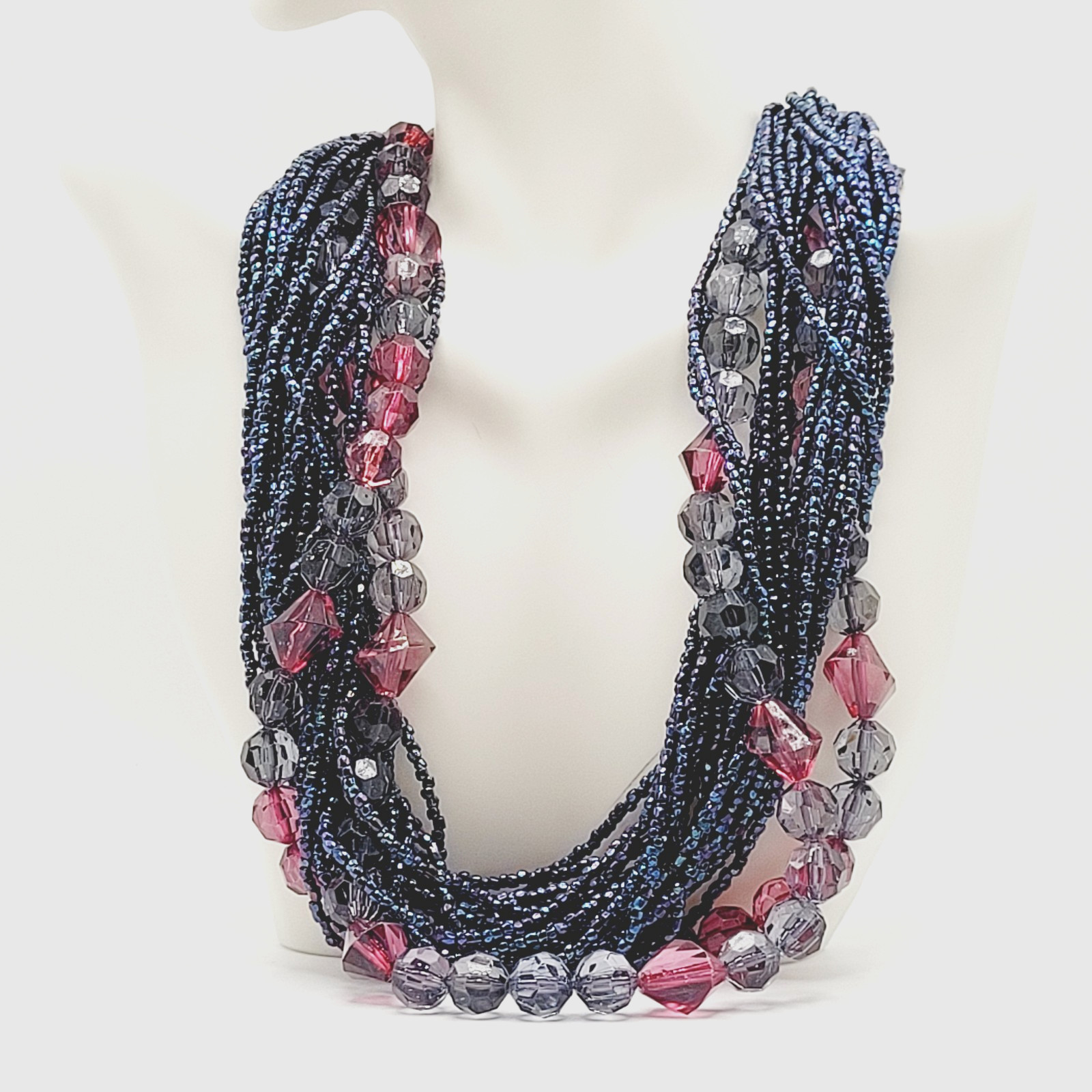 Purple and Deep Blue Iridescent Twist Multi Strand Glass Beaded Vintage Necklace