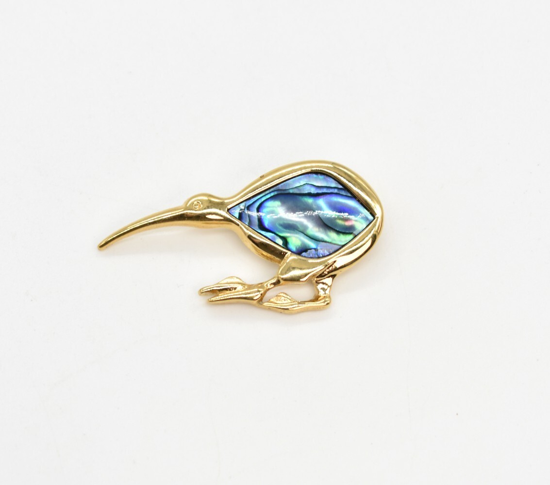 22CT Gold-P ARIKI New Zealand Kiwi Pin Brooch Iridescent Blue Abalone Paua Shell