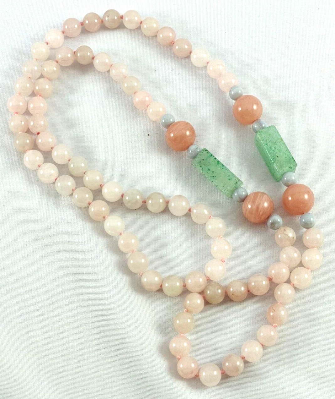 Pink And Green Jade Quartz Hand Knotted Beaded Necklace Long