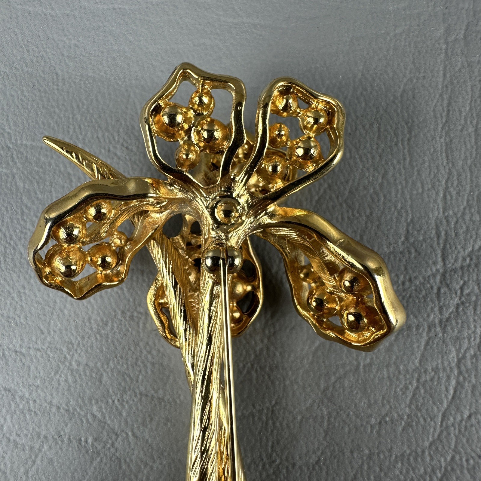 Vintage Flower Brooch Gold Tone Orchid Iris Purple Rhinestones 3.25″